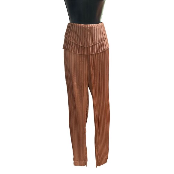NWT Andrea Iyamah Linea Toffee Pleated Wide-Leg Pants Peplum Waist‎ - Picture 2 of 16